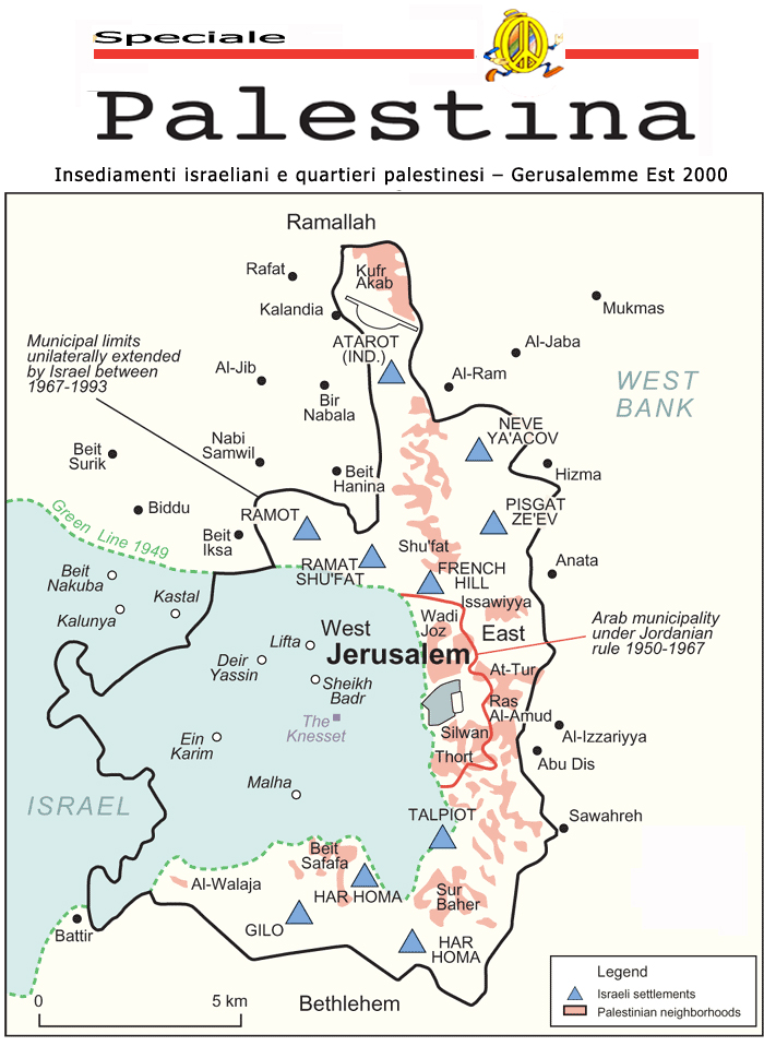 Insediamenti  israeliani  e quartieri palestinesi  - Gerusalemme Est 2000